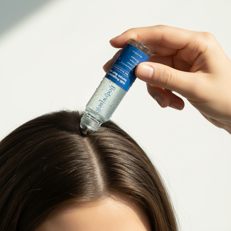 Aplica el roll-on directamente en las zonas clave: entradas, coronilla o partidura.